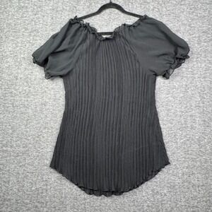 Pleated Sheer Blouse Ruffle Trim Short Sleeve Top Elegant Sexy Black Size Medium